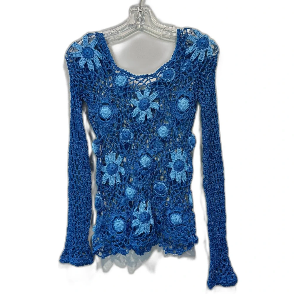 Hand Crocheted Top Floral Mesh Open Knit Long Sleeve Boho Blue Beach Women Small